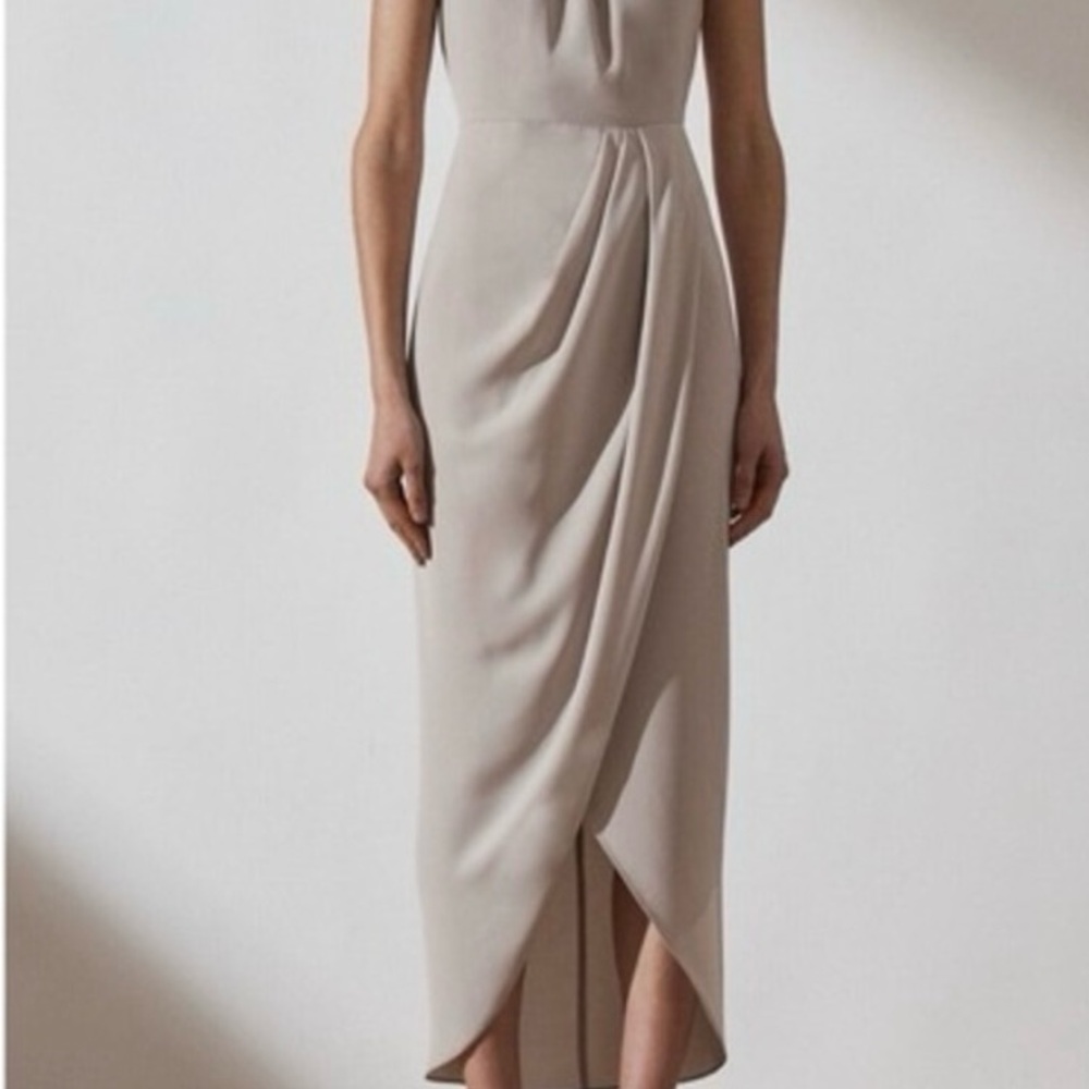 Shona Joy High Neck Ruched Dress Oyster Gray Size US4